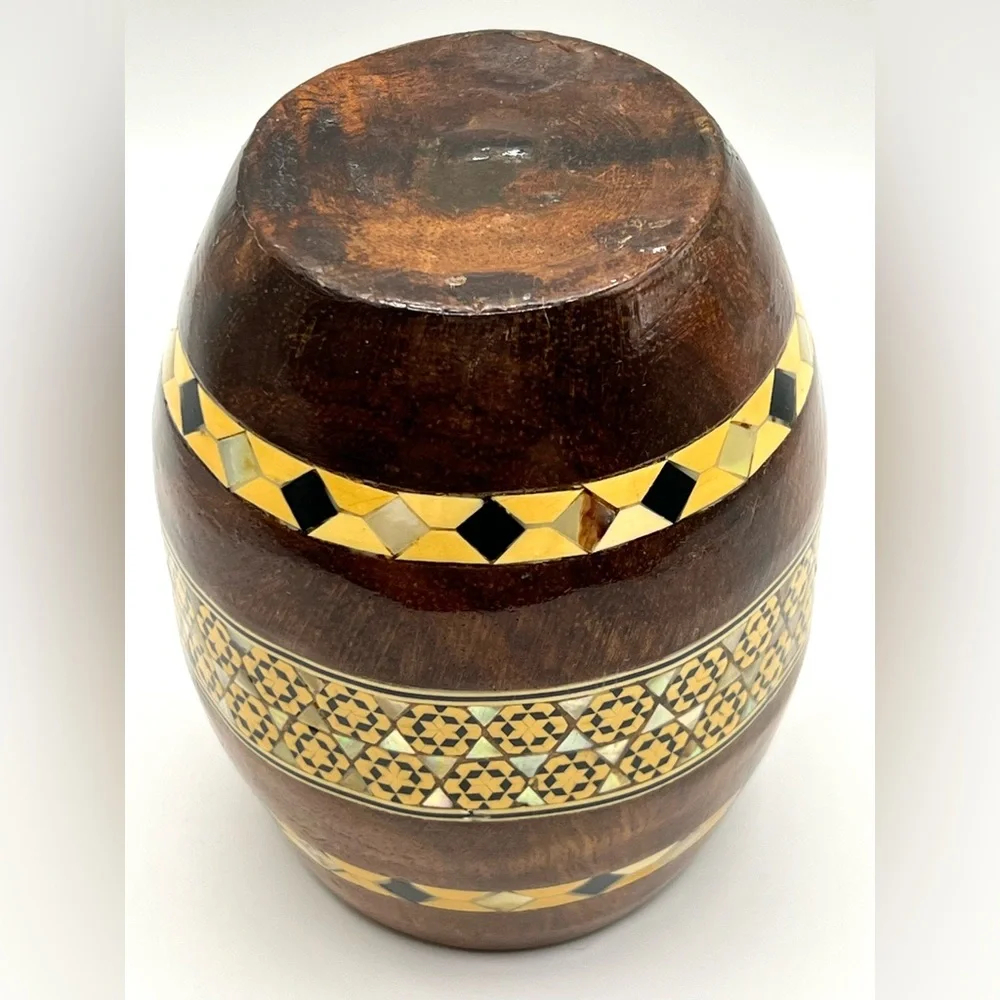 VTG Barrel Shaped Wooden Pen Holder Mother of Pearl Inlay Office Desk Decor 4.2